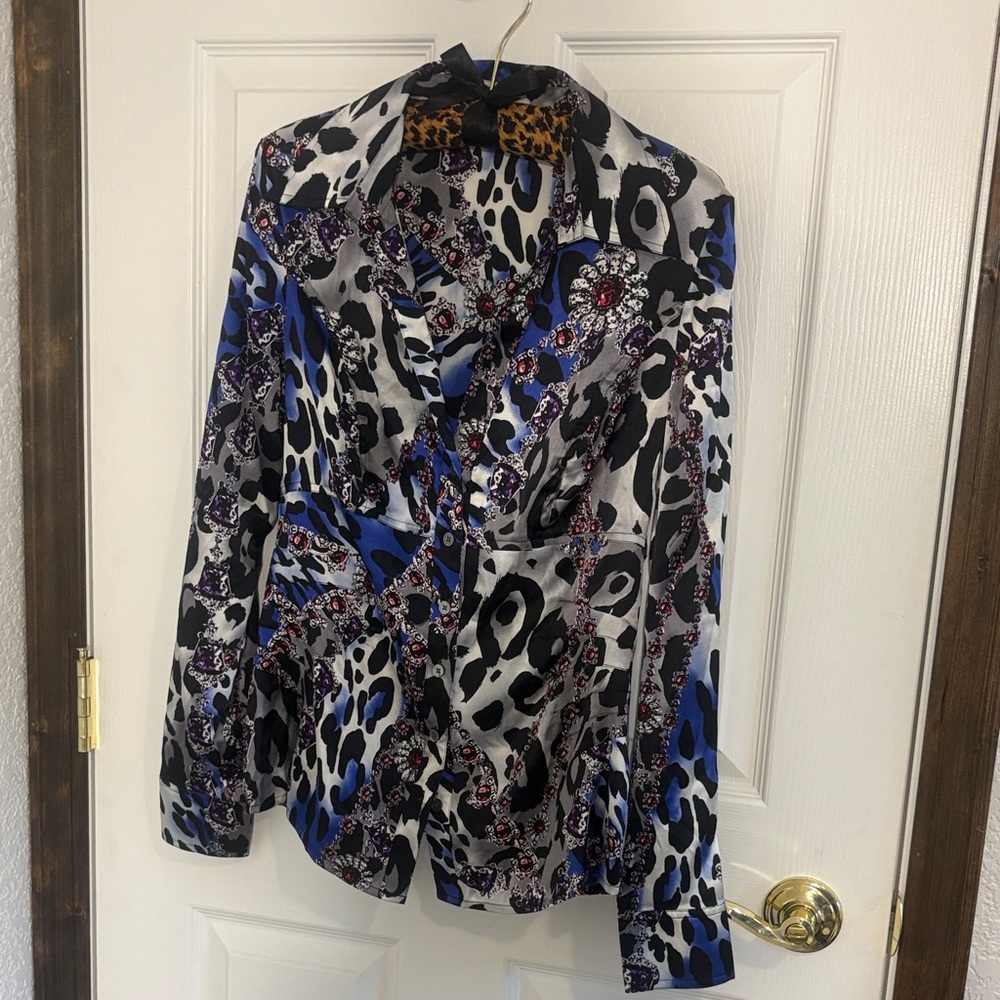 Cache Multicolor Satin Animal-Print Blouse in Blue, Black, Silver and Purple!